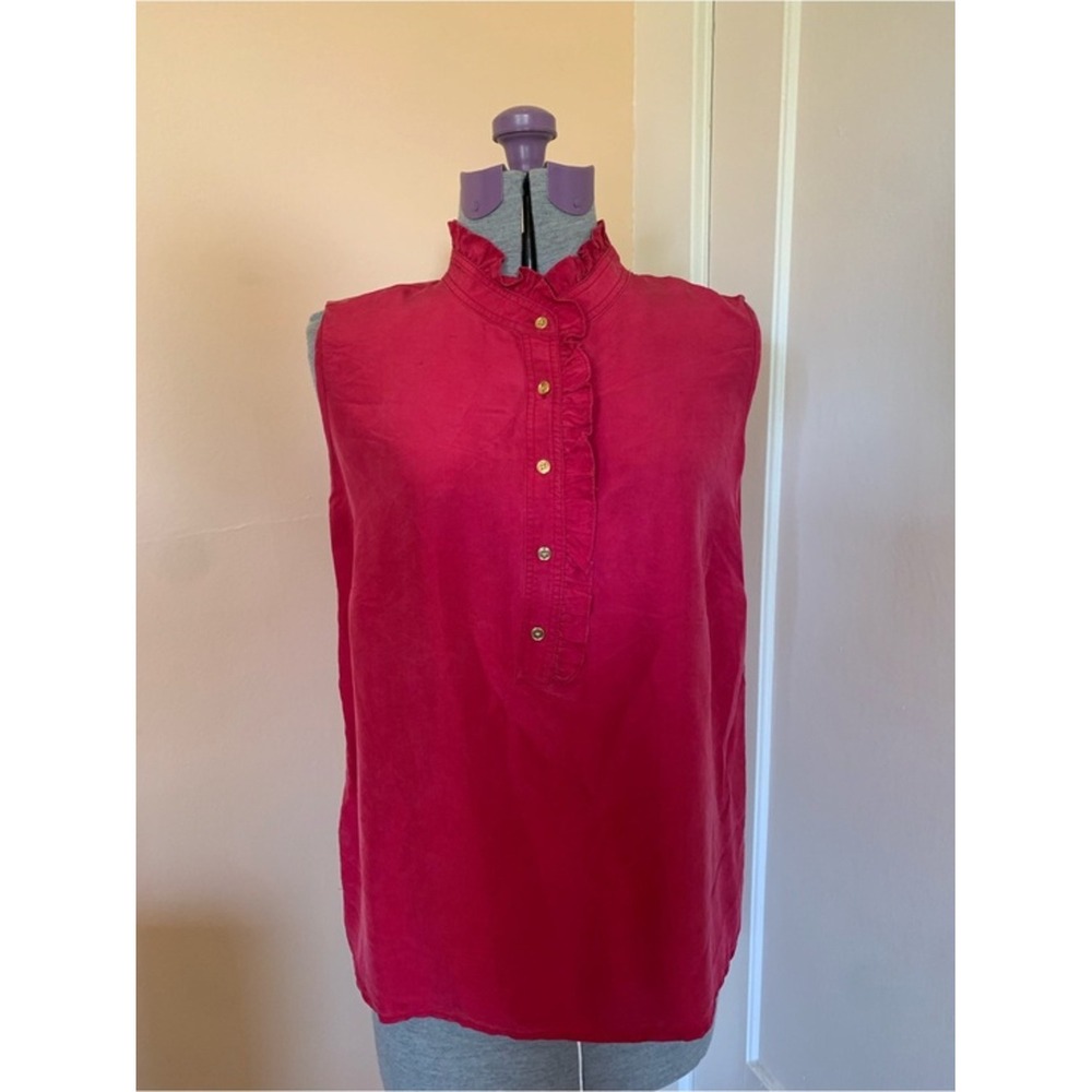 Talbots Pure Silk Sleeveless Ruffle Neck Blouse Pink Red Size 14